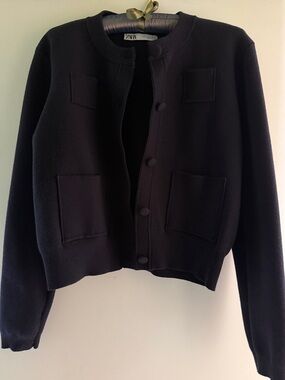Zara Navy Round-Neck Button-Front Knit Jacket